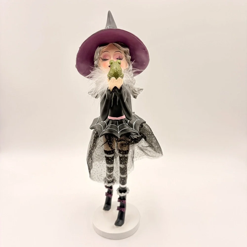 Halloween Witch Figurine with Frog Pink Black Decor